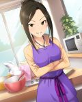  1girl apron black_hair chocolate chocolate_making crossed_arms dutch_angle food grin hair_up idolmaster idolmaster_cinderella_girls indoors jewelry jpeg_artifacts kitchen looking_at_viewer mixing_bowl mukai_takumi necklace official_art oven smile solo valentine whisk window 