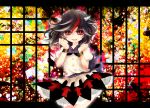 1girl arms_up bracelet horns jegarex jewelry kijin_seija lace-trimmed_skirt layered_dress letterboxed looking_at_viewer multicolored_background multicolored_hair open_mouth puffy_short_sleeves puffy_sleeves red_eyes short_hair short_sleeves slit_pupils solo touhou 