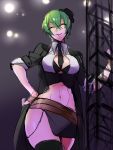  1girl black_bra black_legwear blazblue bra breasts closed_eyes genderswap green_hair hazama kaneaki_mukku large_breasts midriff mini_hat navel necktie short_hair side_slit sleeves_rolled_up smile solo stage_lights thighhighs underwear 