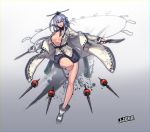  1girl breasts collarbone dual_wielding flower gradient gradient_background grey_eyes hair_flower hair_ornament highres jjune knife large_breasts long_sleeves looking_at_viewer no_bra open_clothes open_jacket original shirt shorts silver_hair smile solo 