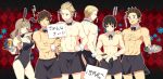  1girl 5boys abs animal_ears axis_powers_hetalia bowtie bunny_tail bunnysuit detached_collar fu_(38wasure) germany_(hetalia) hungary_(hetalia) japan_(hetalia) long_hair multiple_boys muscle netherlands_(hetalia) rabbit_ears short_hair sign skirt spain_(hetalia) tail tray turkey_(hetalia) wrist_cuffs 