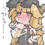  1girl animal_costume animal_ears blonde_hair blush bunny_costume cup drooling drunk horn ibuki_suika kureha_mitsushige long_hair mug open_mouth rabbit_ears red_eyes solo sweat touhou 