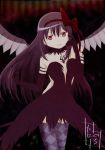  1girl akemi_homura akuma_homura black_hair choker elbow_gloves gloves hair_ribbon hairband highres long_hair mahou_shoujo_madoka_magica mahou_shoujo_madoka_magica_movie official_art ribbon solo spoilers thighhighs violet_eyes wings 