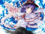  1girl freeze-ex frills hat marker_(medium) nagae_iku purple_hair red_eyes ribbon shawl short_hair solo touhou traditional_media 