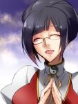  1girl alternate_costume alternate_hair_length alternate_hairstyle black_hair blazblue closed_eyes glasses hair_up kaneaki_mukku litchi_faye_ling semi-rimless_glasses short_hair smile solo under-rim_glasses yin_yang 