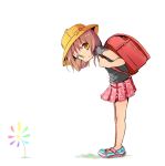  1girl backpack bag brown_eyes brown_hair child flower hat leaning_forward no_socks original randoseru shoes short_hair skirt solo take_(office-t) 