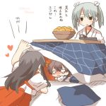  3girls akagi_(kantai_collection) black_eyes blush bowl brown_hair crying food fruit grey_hair heart kaga_(kantai_collection) kantai_collection kotatsu long_hair lowres multiple_girls open_mouth orange rebecca_(keinelove) ribbon short_hair side_ponytail table twintails zuikaku_(kantai_collection) 