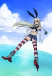  1girl blonde_hair bow brown_eyes clouds collarbone elbow_gloves flying gloves hair_bow kantai_collection long_hair midriff navel ocean panties pantyshot shimakaze_(kantai_collection) sky solo striped striped_legwear thighhighs underwear yoplait zettai_ryouiki 