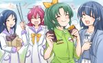  4girls aida_mana aoki_reika blue_hair braid closed_eyes clouds crossover dokidoki!_precure dress eating green_hair hair_ornament hair_ribbon hairclip half_updo happy heart hishikawa_rikka jappo long_hair midorikawa_nao multiple_girls open_mouth pink_hair ponytail precure ribbon school_uniform serafuku shirt short_hair single_braid sketch sky sleeves_rolled_up smile smile_precure! standing trait_connection 