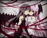  2girls akemi_homura akuma_homura argyle argyle_legwear bare_shoulders black_dress black_hair closed_eyes dress elbow_gloves empty_eyes gloves goddess_madoka hairband kaname_madoka long_hair mahou_shoujo_madoka_magica misoan multiple_girls pink_hair spoilers thighhighs two_side_up very_long_hair white_dress wings yellow_eyes yuri 