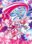  2girls absurdres blue blue_eyes blue_hair boots bow cure_blossom cure_marine dress flower hair_ornament hanasaki_tsubomi heartcatch_precure! high_heels high_ponytail highres knee_boots kurumi_erika long_hair magical_girl mascot multicolored_background multiple_girls official_art perspective pink_eyes pink_hair ponytail precure ribbon smile thighhighs umakoshi_yoshihiko very_long_hair white_legwear wrist_cuffs 