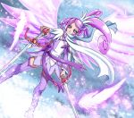  1girl asymmetrical_clothes boots cure_sword dokidoki!_precure dress dual_wielding dutch_angle earrings el_blanco feathers hair_ornament hairclip half_updo jewelry kenzaki_makoto ponytail precure purple purple_dress purple_hair purple_legwear ribbon scarf short_hair smile snow solo sword thigh_boots thighhighs violet_eyes weapon wings 