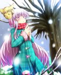  1girl adapted_costume bare_tree desukingu hata_no_kokoro highres long_hair long_sleeves mask new_mask_of_hope open_mouth pink_eyes pink_hair plaid plaid_scarf plaid_shirt scarf skirt snowing solo touhou tree 