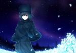  1girl aurora black_hair capelet dress flower frown fur_hat fur_trim gloves green_eyes hat kotera_ryou kuonji_alice mahou_tsukai_no_yoru petals solo type-moon 