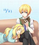  1boy 1girl blonde_hair blue_eyes book brother_and_sister closed_eyes couch crossed_legs dated digimon digimon_savers hairband highres long_hair lying necktie reading relena_norstein short_hair siblings sitting sleeping smile tomato-ed touma_h._norstein vest 