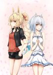  2girls animal_ears azure_luna bare_shoulders blonde_hair blue_hair dress fox_ears frown hair_ornament hair_ribbon hands_clasped highres jacket long_hair looking_at_viewer multiple_girls open_mouth original ponytail red_eyes ribbon short_shorts shorts simple_background unbuckled_belt white_hair 