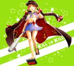  1girl areno baseball_bat breasts brown_eyes brown_hair coat_on_shoulders hat kill_la_kill mankanshoku_mako midriff nail nail_bat navel sandals school_uniform serafuku short_hair skirt solo star under_boob walking 