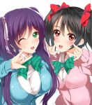  2girls black_hair breasts green_eyes large_breasts long_hair looking_at_viewer love_live!_school_idol_project minamon_(vittel221) multiple_girls purple_hair red_eyes simple_background toujou_nozomi white_background wink yazawa_nico 