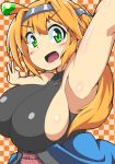  1girl armpits arms_up blonde_hair breasts checkered checkered_background crab_club green_eyes huge_breasts long_hair open_mouth original sideboob solo v 