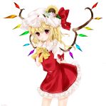  1girl bent_over blonde_hair bow finger_to_mouth flandre_scarlet flower hat hat_bow hat_flower highres koyashaka mob_cap puffy_sleeves remilia_scarlet shirt short_sleeves simple_background skirt skirt_set solo touhou vest white_background wings 