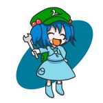  1girl backpack bag blue_hair blush blush_stickers boots chibi closed_eyes hat kawashiro_nitori long_sleeves open_mouth pocket rubber_boots short_hair short_twintails simple_background skirt skirt_set smile solo tools touhou twintails wrench 