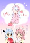  2girls blue_hair blush character_request closed_eyes food fruit kusunoki_chitose long_hair love_of_ren&#039;ai_koutei_of_love! multiple_girls open_mouth pink_hair piyodera_mucha slippers smile strawberry translation_request yellow_eyes 