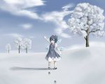  1girl ahoge ankle_socks arm_up blue_eyes blue_hair blue_sky bow cirno clouds dress footprints hair_bow hill ice ice_wings looking_at_viewer mary_janes oshinko ribbon shadow shoes short_hair short_puffy_sleeves sky snow solo touhou tree wings winter 