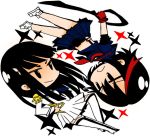  2girls black_hair boots chibi dress junketsu kill_la_kill kiryuuin_satsuki long_hair matoi_ryuuko multiple_girls school_uniform scissor_blade senketsu serafuku shoes short_hair skirt sneakers yksm 