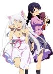  2girls ;d animal_ears bare_shoulders black_hair black_hanekawa black_legwear book braid breasts cat_ears cleavage dress glasses hair_ornament hairclip hanekawa_tsubasa highres large_breasts leg_up long_hair monogatari_(series) multiple_girls open_mouth paw_pose pink_dress pleated_skirt scan school_uniform simple_background skirt slit_pupils smile socks strap_slip twin_braids very_long_hair violet_eyes watanabe_akio white_background white_hair wink yellow_eyes 