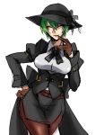  1girl blazblue breasts closed_eyes contrapposto corset genderswap gloves green_hair hand_on_hip hat hazama jacket kaneaki_mukku large_breasts pantyhose solo 