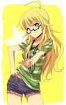  1girl ahoge bespectacled blonde_hair eiraprpr glasses green_eyes hand_on_hip hoshii_miki idolmaster jewelry long_hair necklace smile solo 