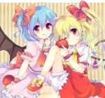  2girls alternate_hairstyle apple ascot bat_wings blonde_hair blood blue_hair bow brooch dress flandre_scarlet food fruit hair_bow jewelry licking_lips looking_at_viewer multiple_girls no_hat one_side_up pink_dress poooka puffy_sleeves red_eyes remilia_scarlet sash shirt short_sleeves siblings side_ponytail sisters skirt skirt_set smile striped striped_background touhou vest wings wink wrist_cuffs 