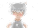  1girl alternate_hairstyle animal_ears backlighting bare_shoulders blush bust closed_eyes eyebrows high_collar inubashiri_momiji kirin_(parko) no_hat pom_pom_(clothes) short_hair simple_background smile solo tears touhou white_background white_hair wolf_ears 