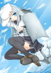  1girl black_legwear blue_eyes blush hammer_and_sickle hat hibiki_(kantai_collection) izumo-ss-yoshitunedenn kantai_collection long_hair looking_at_viewer panties pantyshot pantyshot_(standing) personification pleated_skirt school_uniform serafuku silver_hair skirt solo standing star thighhighs underwear verniy_(kantai_collection) zettai_ryouiki 