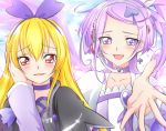  2girls blonde_hair bow choker cure_sword dokidoki!_precure earrings hair_bow hair_ornament hand_on_another&#039;s_cheek hand_on_another&#039;s_face headset jappo jewelry kenzaki_makoto long_hair magical_girl multiple_girls ponytail precure purple_hair red_eyes regina_(dokidoki!_precure) short_hair smile spade_hair_ornament violet_eyes 