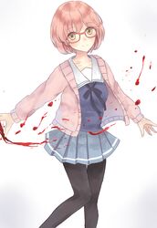  1girl black_legwear blood blush bob_cut cardigan glasses highres kuriyama_mirai kyoukai_no_kanata pantyhose pink_hair red-framed_glasses school_uniform serafuku short_hair skirt solo yellow_eyes 