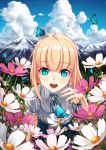  1girl blonde_hair blue_eyes butterfly clouds flower highres long_hair mountain open_mouth original phantania river scenery sky solo 