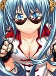 1girl aqua_hair breasts cleavage fingerless_gloves gloves kaho_(amal135) league_of_legends lee_sin_(cosplay) long_hair sona_buvelle sunglasses twintails 