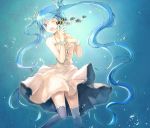  1girl blue_eyes blue_hair bracelet dress fish hatsune_miku jewelry kazi long_hair open_mouth solo thighhighs twintails underwater very_long_hair vocaloid wink 