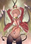 absurdres arms_up blazer breasts brown_eyes brown_hair chain cleavage collar cuffs demon_tail demon_wings fang grin highres large_breasts manacles miyo_(13th_floor) navel necktie open_clothes open_shirt original panties short_hair smile tail thighhighs underwear wings 