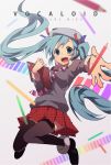  1girl aqua_hair aren_(fubuki-46) character_name colored_pencil copyright_name foreshortening green_eyes hat hatsune_miku highres jumping long_hair necktie open_mouth outstretched_arm pencil skirt solo thighhighs twintails very_long_hair vocaloid 