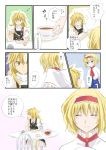 2girls alice_margatroid blonde_hair blue_dress blue_eyes blush colored comic cup dress happy headband kirisame_marisa long_hair looking_down mitsunara multiple_girls open_mouth short_hair smile stare surprised tea teacup thinking touhou translation_request yellow_eyes