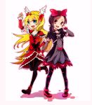  2girls arm_warmers artist_request bat_print black_legwear boots choker cosplay costume_switch crossover cure_passion cure_passion_(cosplay) detached_sleeves dokidoki!_precure dress fresh_precure! hair_ornament hair_ribbon happy heart higashi_setsuna high_heels highres jacket long_hair looking_at_viewer magical_girl multiple_girls open_mouth pantyhose precure red_dress regina_(dokidoki!_precure) regina_(dokidoki!_precure)_(cosplay) ribbon shoes simple_background smile source_request white_background 