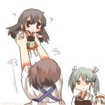  4girls ? akagi_(kantai_collection) black_eyes blush brown_hair grey_hair hairband kaga_(kantai_collection) kantai_collection long_hair lowres multiple_girls open_mouth rebecca_(keinelove) ribbon short_hair shoukaku_(kantai_collection) side_ponytail twintails white_hair yellow_eyes younger zuikaku_(kantai_collection) 