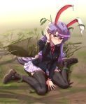  1girl animal_ears black_legwear blush bunny_tail dirty highres kezune_(i-_-i) loafers long_hair looking_at_viewer necktie purple_hair rabbit_ears red_eyes reisen_udongein_inaba shoes sitting skirt solo tail tears thighhighs touhou very_long_hair wariza 