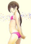  1girl arms_behind_back ass bikini brown_eyes brown_hair fingernails flat_chest highres hitori_(htr_t) long_hair looking_at_viewer low_twintails pink_bikini solo swimsuit twintails 