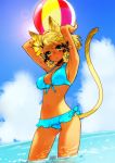  aililith animal_ears bikini blonde_hair cat_ears cat_tail green_eyes lens_flare ocean swimsuit tail tan 