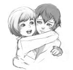  2girls drawfag hug monochrome multiple_girls persona persona_4 satonaka_chie shirogane_naoto short_hair sketch 