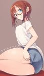  1girl adjusting_shorts ass blue_eyes blush brown_hair kousaka_yukiho looking_at_viewer looking_back love_live!_school_idol_project nekoume short_hair shorts solo 