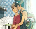  2boys animal_ears arms_around_waist black_hair blue_eyes blush cooking dog_ears dog_tail male multiple_boys open_mouth original pot rand_(artist) short_hair smile tail tank_top yaoi 